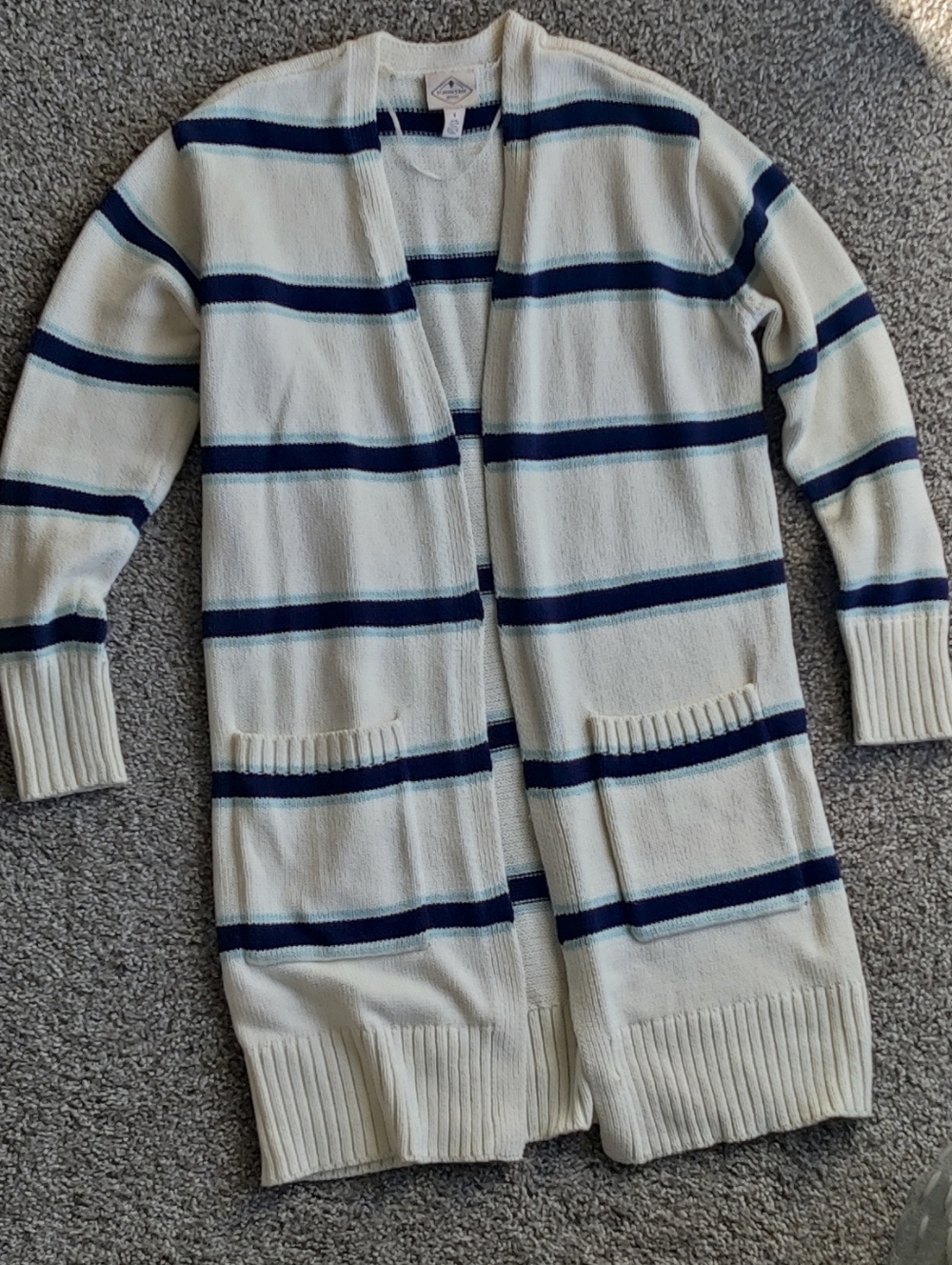 St John's Bay Navy Stripe White Open-Front Long Cardigan Sweater